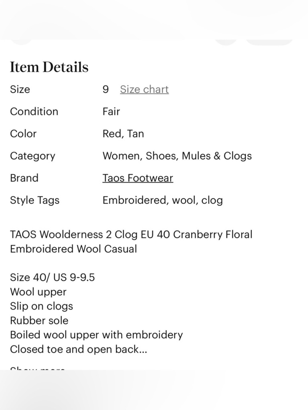 TAOS Woolderness 2 Clog EU 40 9 1/2 Cranberry Floral Wool Casual Soft on toes - Picture 11 of 12